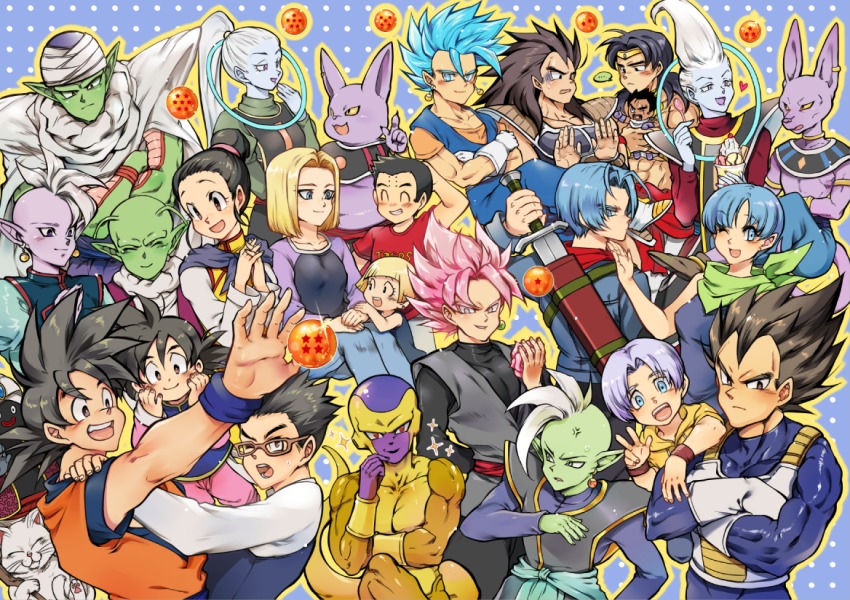 10s 5girls 6+boys :d ;d ancient_egyptian_clothes android_18 animal annoyed armor from_behind bad_id bad_pixiv_id beerus black_eyes black_hair blonde_hair blue_background blue_eyes blue_hair broly_(dragon_ball_z) brothers bulma cape cat champa_(dragon_ball) chi-chi_(dragon_ball) closed_eyes couple crossed_arms dende dougi dragon_ball dragon_ball_(object) dragon_ball_super dragonball_z dress earrings expressionless father_and_daughter father_and_son fingernails flower food frieza frown glasses gloves goku_black golden_frieza hano_(hanos91) heart ice_cream index_finger_raised jewelry kaioushin karin_(dragon_ball) kerchief kuririn long_hair long_sleeves looking_at_another looking_back marron_(dragon_ball) mister_popo mohawk mother_and_daughter mother_and_son multiple_boys multiple_girls nervous one_eye_closed open_mouth paragus_(dragon_ball_z) piccolo pink_flower pink_hair pointy_ears potara_earrings purple_hair raditz red_eyes rose serious shin_(dragon_ball) short_hair siblings simple_background smile son_gohan son_goku son_goten sparkle spiked_hair spoon super_saiyan super_saiyan_blue super_saiyan_rose sweatdrop sword trunks_(dragon_ball) trunks_(future)_(dragon_ball) turban v vados_(dragon_ball) vegeta vegetto very_long_hair weapon whis white_background white_hair wristband zamasu