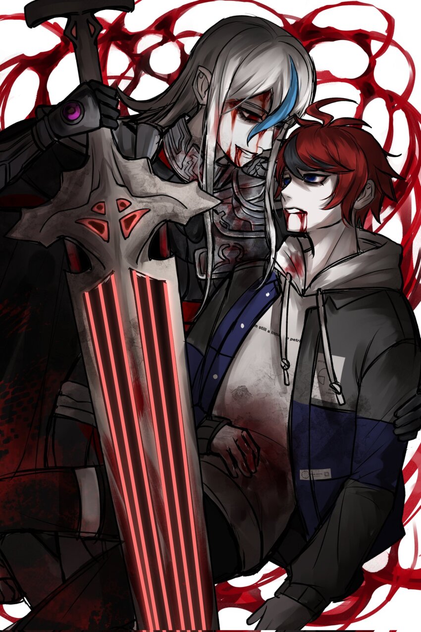 1boy 1girl ahoge armor black_hair bleeding bleeding_from_mouth bleeding_from_stomach blood blood_from_forehead blood_on_clothes blood_on_face blue_hair dying highres holding holding_sword holding_weapon long_hair messy_hair multicolored_hair red_background red_hair simple_background sumino_takumi sword the_hundred_line_-last_defense_academy- v&#039;ehxness weapon white_background white_hair