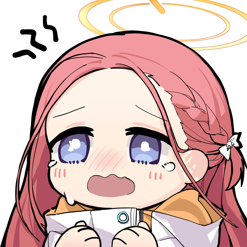 1girl absurdres ball_hands blue_archive blush bow braid bright_pupils chinese_commentary commentary forehead hair_behind_ear hair_bow halo highres jacket long_hair looking_at_viewer multicolored_jacket nose_blush one_side_up open_mouth orange_jacket pinko_(oknip) portrait power_symbol purple_eyes red_hair shout_lines simple_background single_braid solo tearing_up wavy_mouth white_background white_bow white_jacket white_pupils yellow_halo yuzu_(blue_archive)