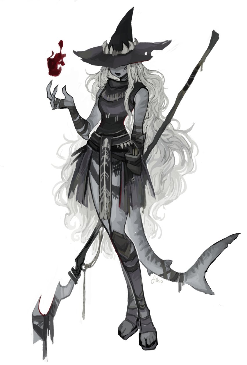 1girl absurdres bandaged_arm bandaged_hand bandaged_wrists bandages black_lips blood closed_mouth colored_skin contrapposto curly_hair fewer_digits fins fish_tail full_body grey_hair grey_skin hand_up hat hemokinesis highres holding holding_staff lipstick long_hair makeup matilda_fiship original shark_girl shark_tail signature simple_background solo staff tail toeless_footwear very_long_hair white_background witch_hat wrist_wrap