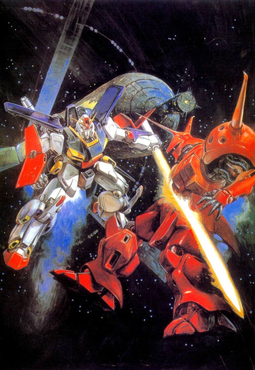 battle energy_sword energy_sword gundam gundam_zz highres mecha official_art r-jarja robot science_fiction space space_habitat sword takani_yoshiyuki weapon zz_gundam