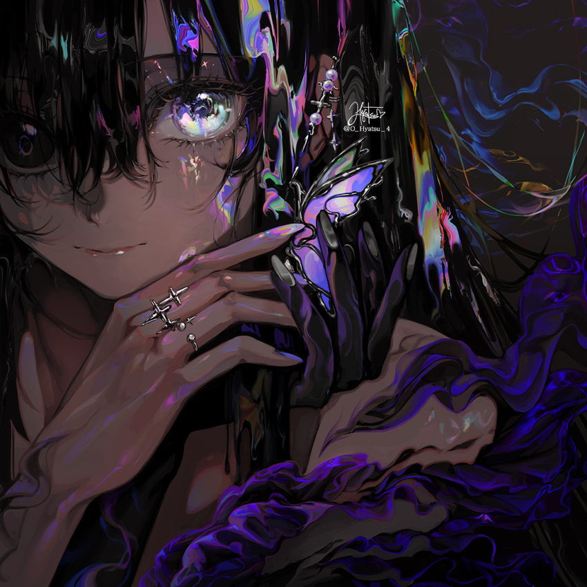 bare_shoulders black_eyes black_fire black_hair black_sclera bug butterfly close-up colored_sclera fire gem glowing glowing_eyes hair_between_eyes headshot hyatsu insect jewelry looking_at_viewer original pearl_(gemstone) purple_eyes ring smoke