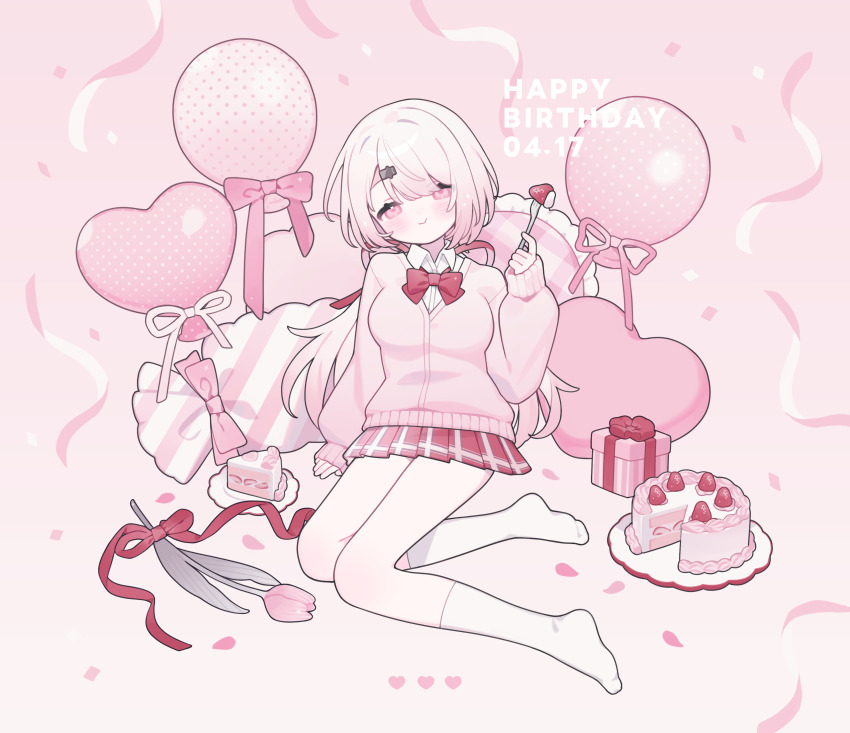 1girl 3tokitamago absurdres birthday bow bowtie box breasts cake cake_slice collared_shirt commentary_request flower food fork fruit full_body gift gift_box hair_ornament hair_ribbon hairclip hand_up happy_birthday heart highres holding holding_fork long_hair long_sleeves looking_at_viewer low_ponytail medium_breasts nijisanji petals pillow pink_background pink_hair pink_theme plaid_clothes plaid_skirt plate pleated_skirt ponytail red_bow red_bowtie red_ribbon red_skirt ribbon shiina_yuika shiina_yuika_(1st_costume) shirt sitting skirt smile socks solo strawberry tulip virtual_youtuber white_shirt white_socks