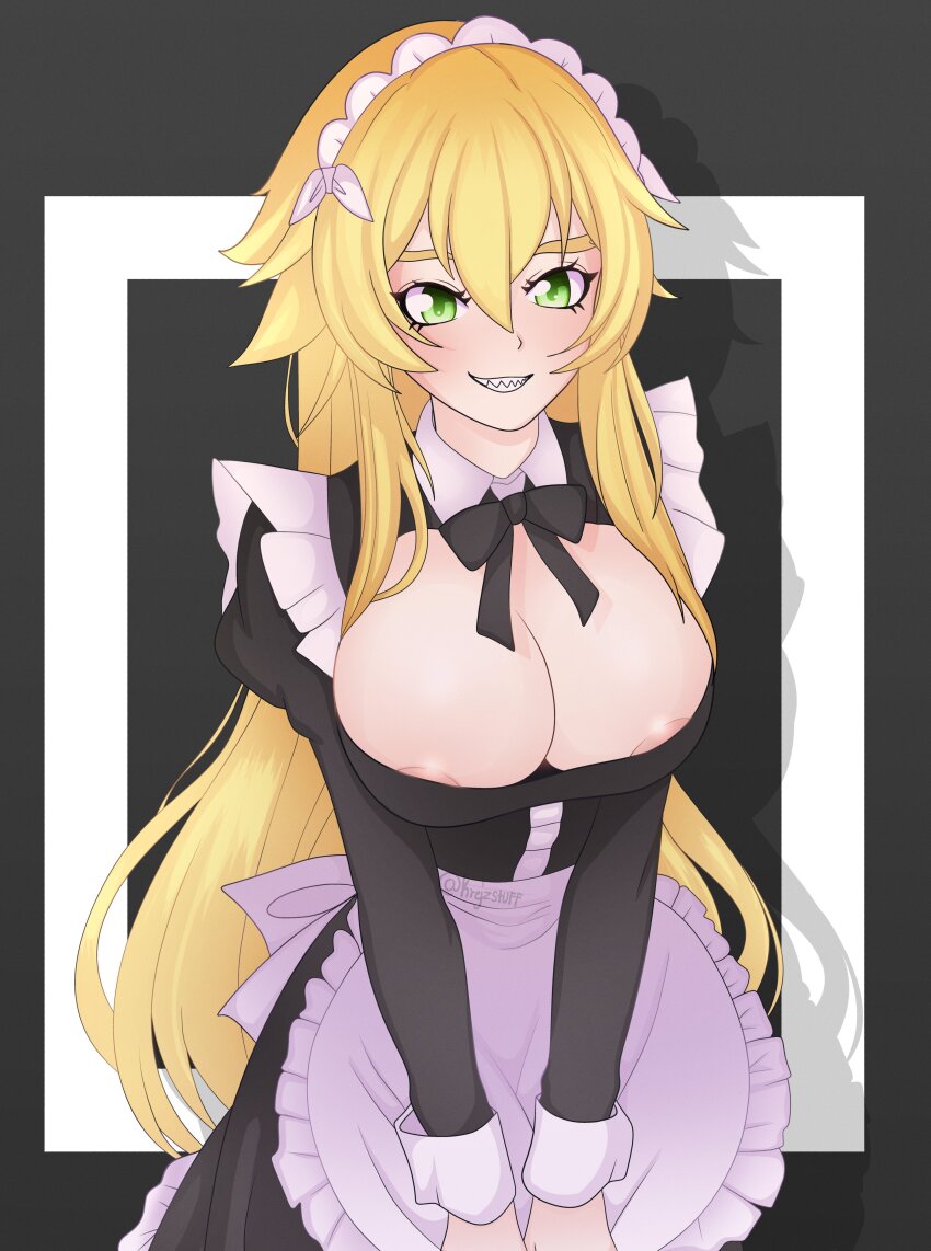 1girl absurdres apron areola_slip blonde_hair breasts breasts_out cleavage frederica_baumann green_eyes highres krejzart large_breasts long_hair maid maid_apron maid_headdress no_bra re:zero_kara_hajimeru_isekai_seikatsu sharp_teeth solo standing teeth very_long_hair