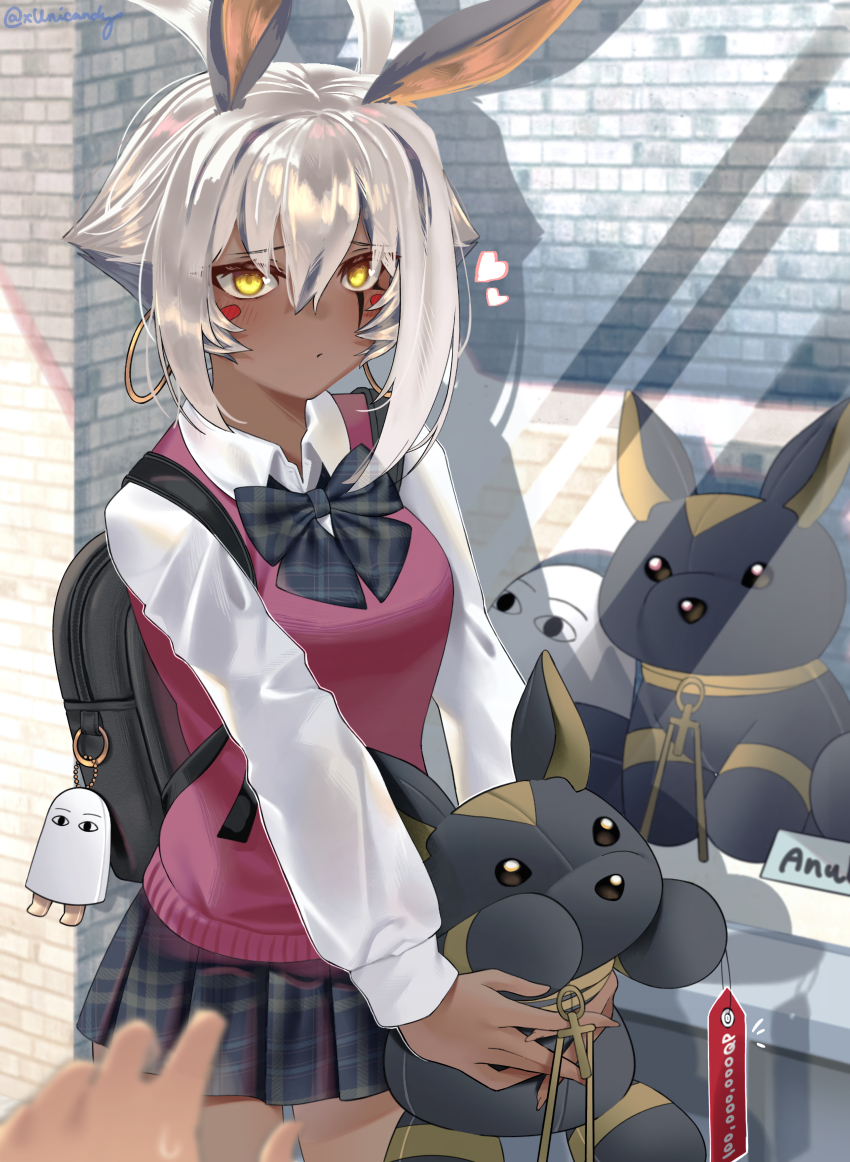 1girl absurdres animal_ears antenna_hair blush breasts dark-skinned_female dark_skin earrings facepaint facial_mark fate/grand_order fate_(series) highres hoop_earrings jackal_ears jewelry long_sleeves looking_at_viewer medium_breasts nitocris_(fate) nitocris_alter_(fate) short_hair skirt solo_focus xunicandy