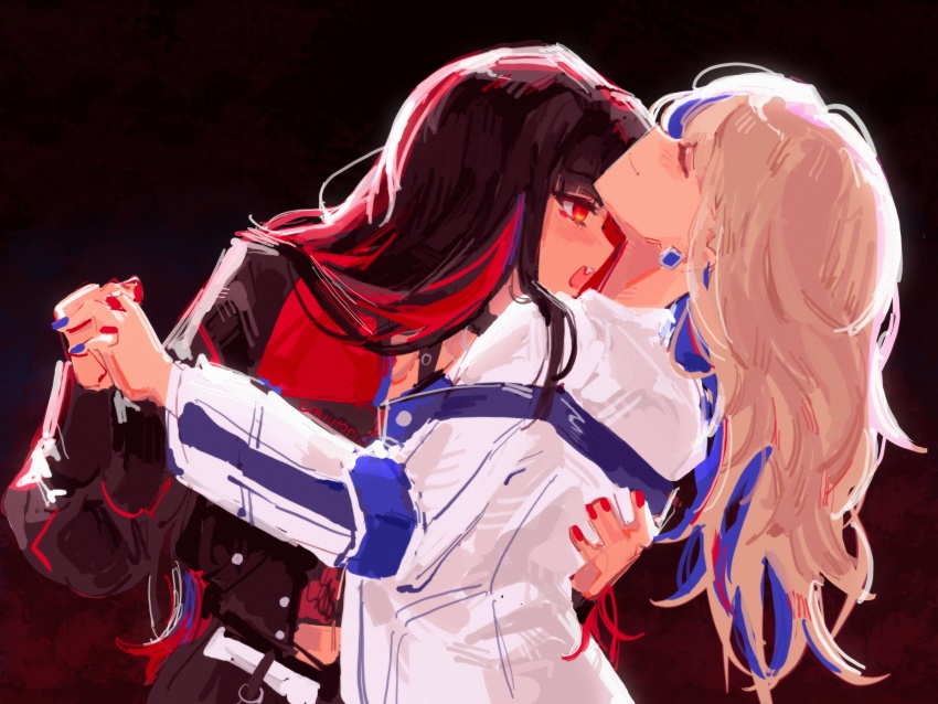 2girls absurdres azusawa_kohane black_background black_hair black_jacket blonde_hair blue_hair blue_nails closed_eyes closed_mouth commentary earrings emuutori english_commentary fang hand_on_another&#039;s_back highres holding_hands interlocked_fingers jacket jewelry long_hair multicolored_hair multiple_girls orange_eyes project_sekai red_hair red_nails shiraishi_an smile streaked_hair twitter_username white_jacket yuri