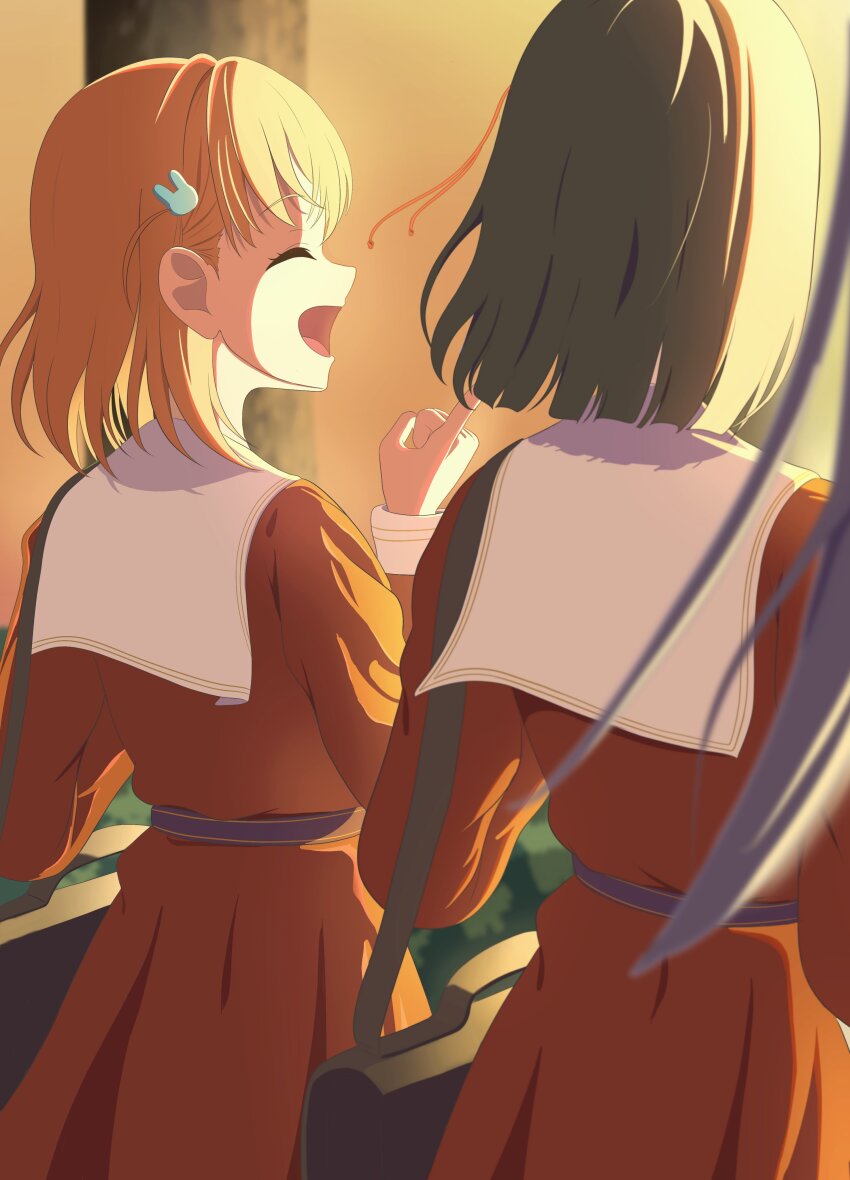 2girls :d ^_^ absurdres black_bag black_hair blunt_ends briefcase brown_dress closed_eyes commentary_request cowboy_shot crossed_bangs dress facing_away from_behind hair_ornament hasu_no_sora_school_uniform highres hinoshita_kaho link!_like!_love_live! long_sleeves love_live! medium_hair momose_ginko morio_(mmorio_mu) multiple_girls open_mouth orange_hair pleated_dress pointing rabbit_hair_ornament sailor_collar sailor_dress school_briefcase school_uniform short_hair smile sunset two_side_up virtual_youtuber white_sailor_collar winter_uniform
