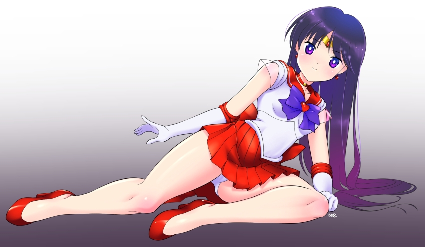1girl absurdres back_bow bishoujo_senshi_sailor_moon bow breasts bright_pupils choker circlet closed_mouth earrings elbow_gloves full_body gloves gradient_background heart high_heels highres himehachi_(hime8manga) hino_rei jewelry legs magical_girl medium_breasts miniskirt panties pantyshot pleated_skirt purple_bow purple_eyes red_bow red_choker red_shoes red_skirt sailor_mars sailor_senshi_uniform shirt shoes skirt sleeveless sleeveless_shirt smile solo split_mouth star_(symbol) star_choker star_earrings super_sailor_mars underwear white_gloves white_panties white_pupils white_shirt