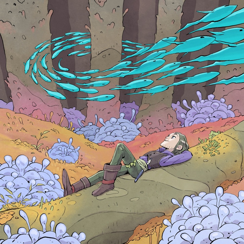 1boy arms_behind_head boots coral fantasy fish flying_fish full_body green_pants highres long_sleeves looking_up lying migamigami nature on_back original outdoors pants plant sheath sheathed sword weapon