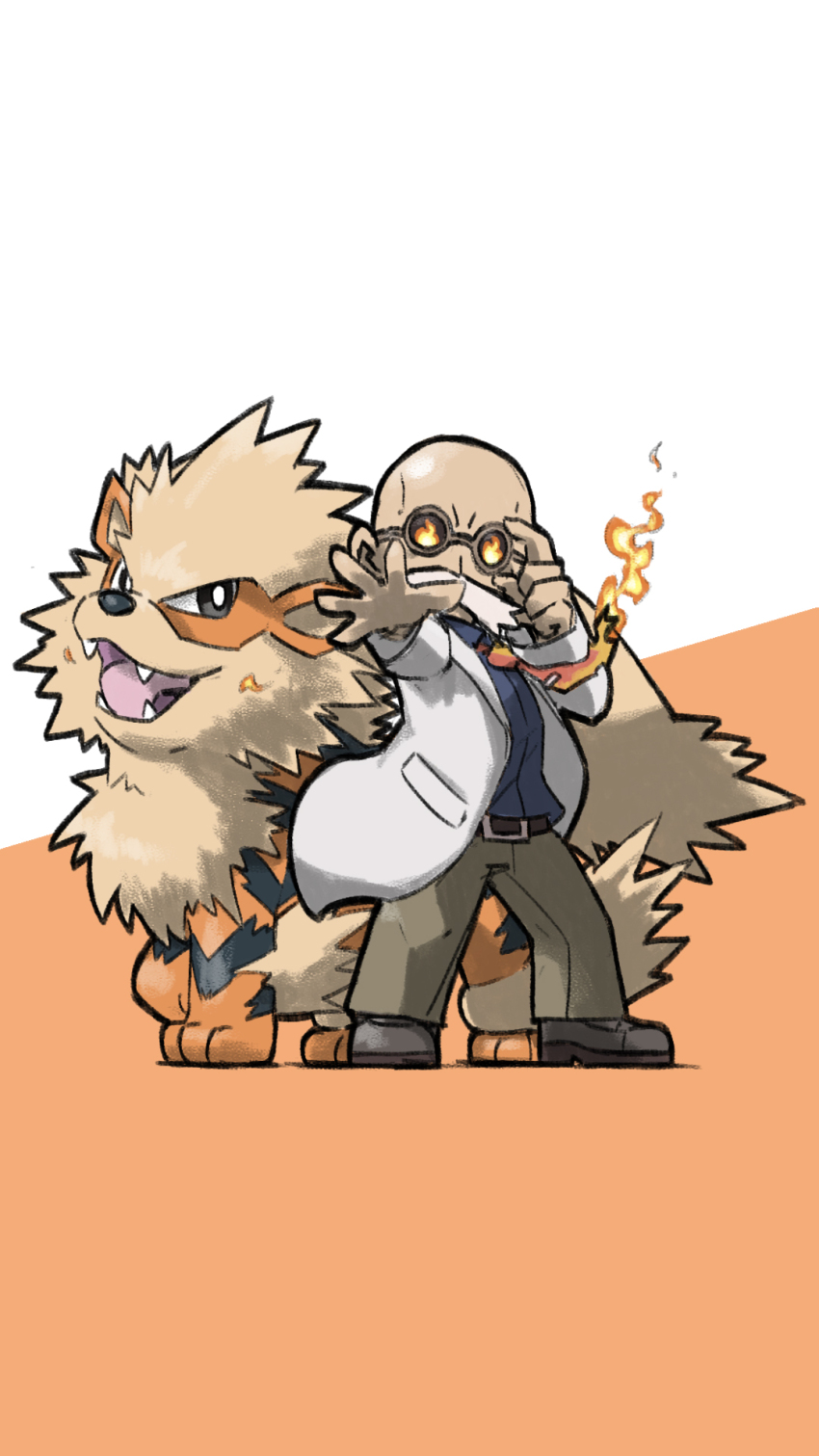 1boy adjusting_eyewear arcanine bald belt black_belt blacknirrow blaine_(pokemon) blue_shirt brown_pants brown_shoes coat commentary english_commentary facial_hair fangs fire gen_1_pokemon hand_on_eyewear highres lab_coat mustache necktie nintendo open_clothes open_coat open_mouth orange_background orange_necktie pants pokemon pokemon_(creature) pokemon_lgpe round_eyewear shirt shoes simple_background standing two-tone_background white_background white_coat white_hair