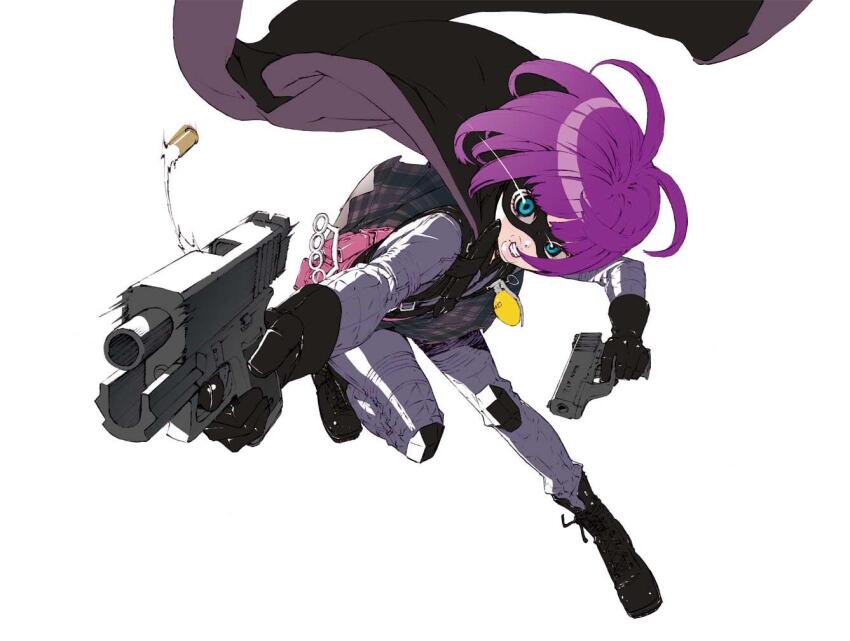 1girl belt blue_eyes bob_cut boots brass_knuckles cape full_body gloves gun handgun hit-girl holding holding_gun holding_weapon karasuma_tasuku kick-ass lips looking_at_viewer mask plaid_clothes plaid_skirt purple_hair short_hair simple_background skirt smile solo superhero_costume weapon white_background wig