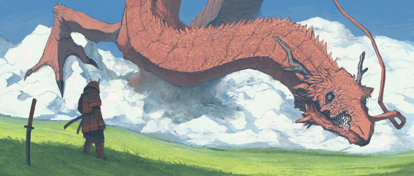 1boy armor blue_sky boots cloud commentary day dragon english_commentary field from_behind full_body gloves grass helmet highres japanese_armor kabuto_(helmet) long_sleeves mountain original outdoors pants planted planted_sword planted_weapon samurai sheath sky standing sword taiyakiki-5687 weapon wide_shot