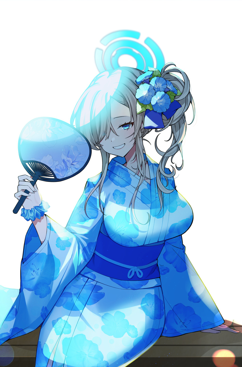 1girl alternate_costume alternate_hairstyle asuna_(blue_archive) blonde_hair blue_archive blue_eyes blue_flower blue_halo blue_kimono blue_scrunchie breasts commentary dot_nose eyelashes floral_print floral_print_kimono flower grey_hair grin hair_flower hair_ornament hair_over_eyes hair_over_one_eye halo hand_fan hand_rest highres holding holding_fan japanese_clothes kimono large_breasts long_hair looking_at_viewer morning_glory obi obijime parted_bangs print_kimono sash scrunchie side_ponytail simple_background sitting smile solo teeth wavy_hair white_background wide_sleeves woorin wrist_scrunchie