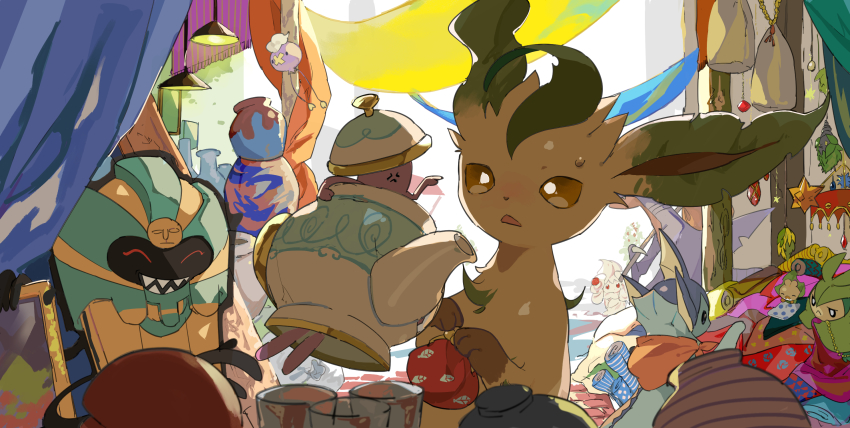 ^_^ alcremie alcremie_(strawberry_sweet) alcremie_(vanilla_cream) anger_vein angry animal_focus apios backlighting bag bandana bindle black_eyes blank_eyes blurry blurry_foreground burmy burmy_(plant) carpet chain claws clenched_hand closed_eyes clothed_pokemon cofagrigus crystal cup dragon drifloon drinking_glass floating floral_print food from_behind fruit full_body garchomp gem gen_1_pokemon gen_4_pokemon gen_5_pokemon gen_8_pokemon hand_up handbag hands_up hanging_light happy highres holding leafeon light_rays max_revive nervous nintendo no_humans open_mouth orange_bandana orange_neckwear own_hands_together painting_(object) pointing pointing_at_another pokemon pokemon_(creature) polteageist pot red_eyes sarcophagus sewaddle sharp_teeth smile star_(symbol) star_print strawberry swadloon sweat teapot teeth trash_bag upper_body vaporeon