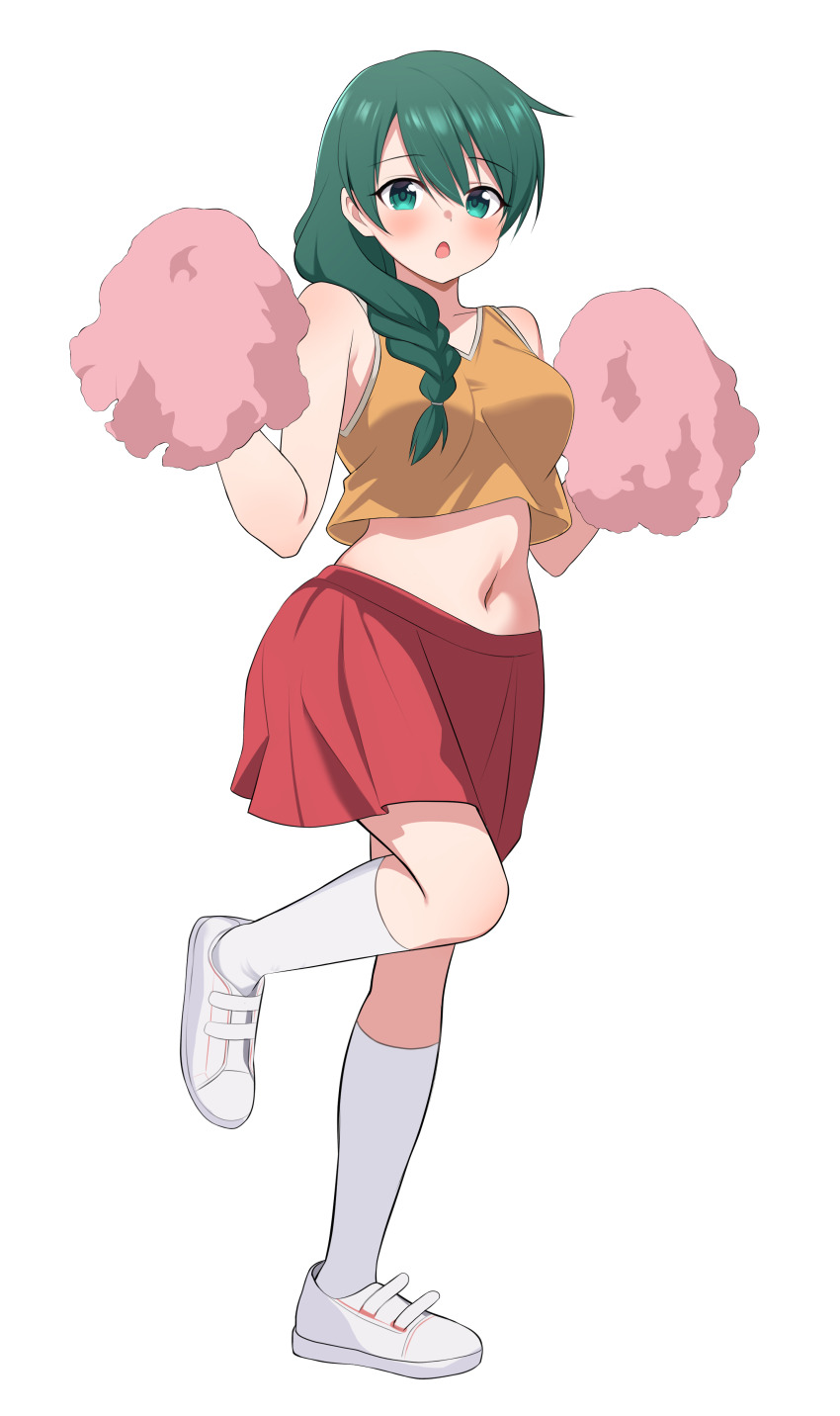 1girl :o absurdres aqua_eyes blush braid breasts cheerleader commentary_request commission full_body green_hair hair_between_eyes hair_over_shoulder hidamari_sketch highres holding holding_pom_poms medium_breasts namu_(112namu) natsume_(hidamari_sketch) navel open_mouth orange_shirt pixiv_commission pom_pom_(cheerleading) pom_poms red_skirt shirt shoes sidelocks simple_background skirt socks solo standing standing_on_one_leg white_background white_shoes white_socks