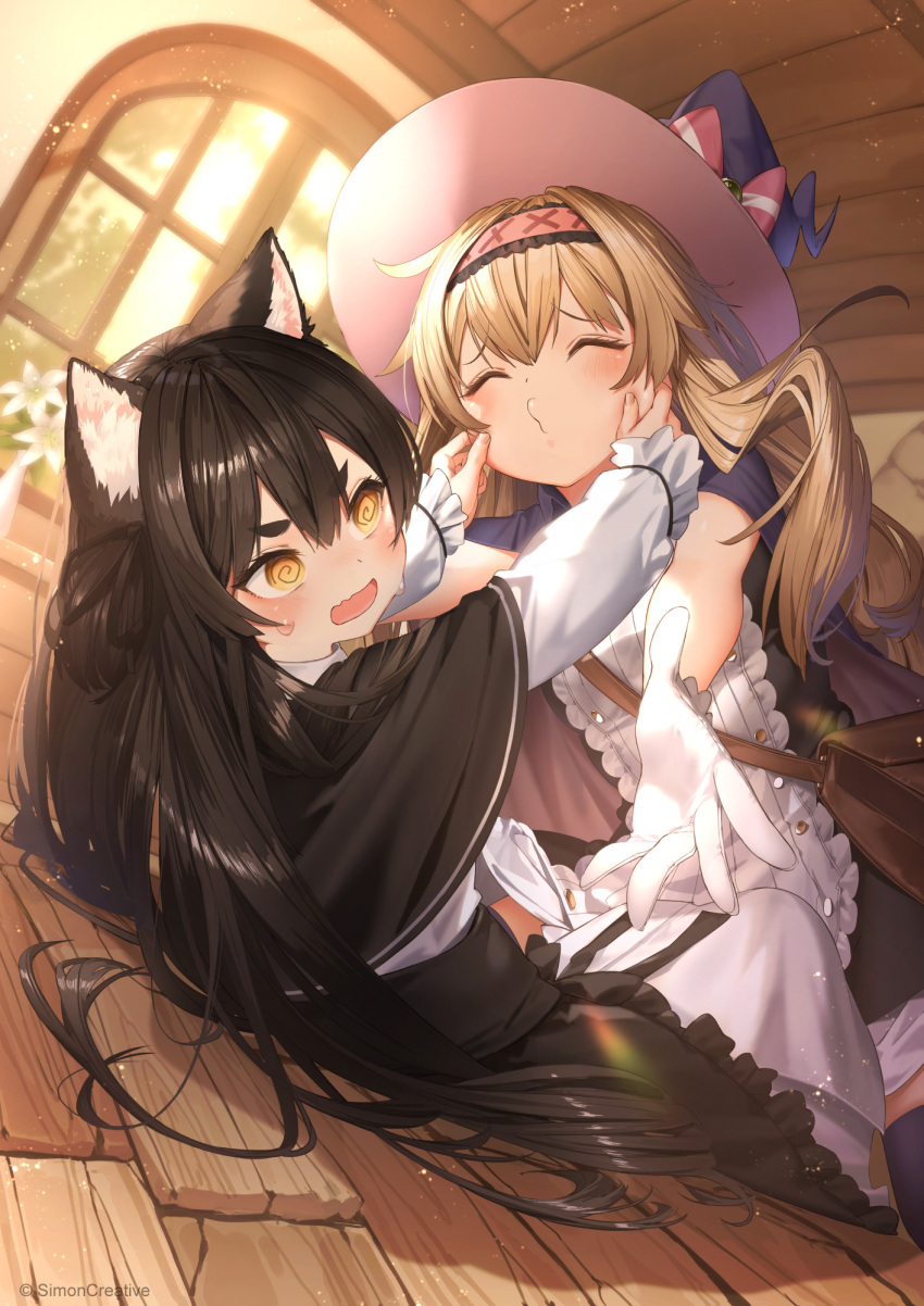 2girls @_@ animal_ears bag black_capelet black_hair blonde_hair bloom blush breasts capelet cat_ears cat_girl ceiling cheek_pinching closed_eyes commentary company_name copyright_notice english_text frilled_hairband frills gloves hair_spread_out hairband hands_on_another&#039;s_cheeks hands_on_another&#039;s_face hat heart highres imminent_hug imminent_kiss indoors little_witch_nobeta long_hair multiple_girls nervous_sweating nobeta official_art on_floor phyllis_(human)_(little_witch_nobeta) phyllis_(little_witch_nobeta) pinching pink_hairband puckered_lips ryota_(ry_o_ta) shoulder_bag small_breasts speech_bubble spoken_heart sunlight sweat textless_version v-shaped_eyebrows white_gloves window witch_hat wooden_floor yellow_eyes yuri