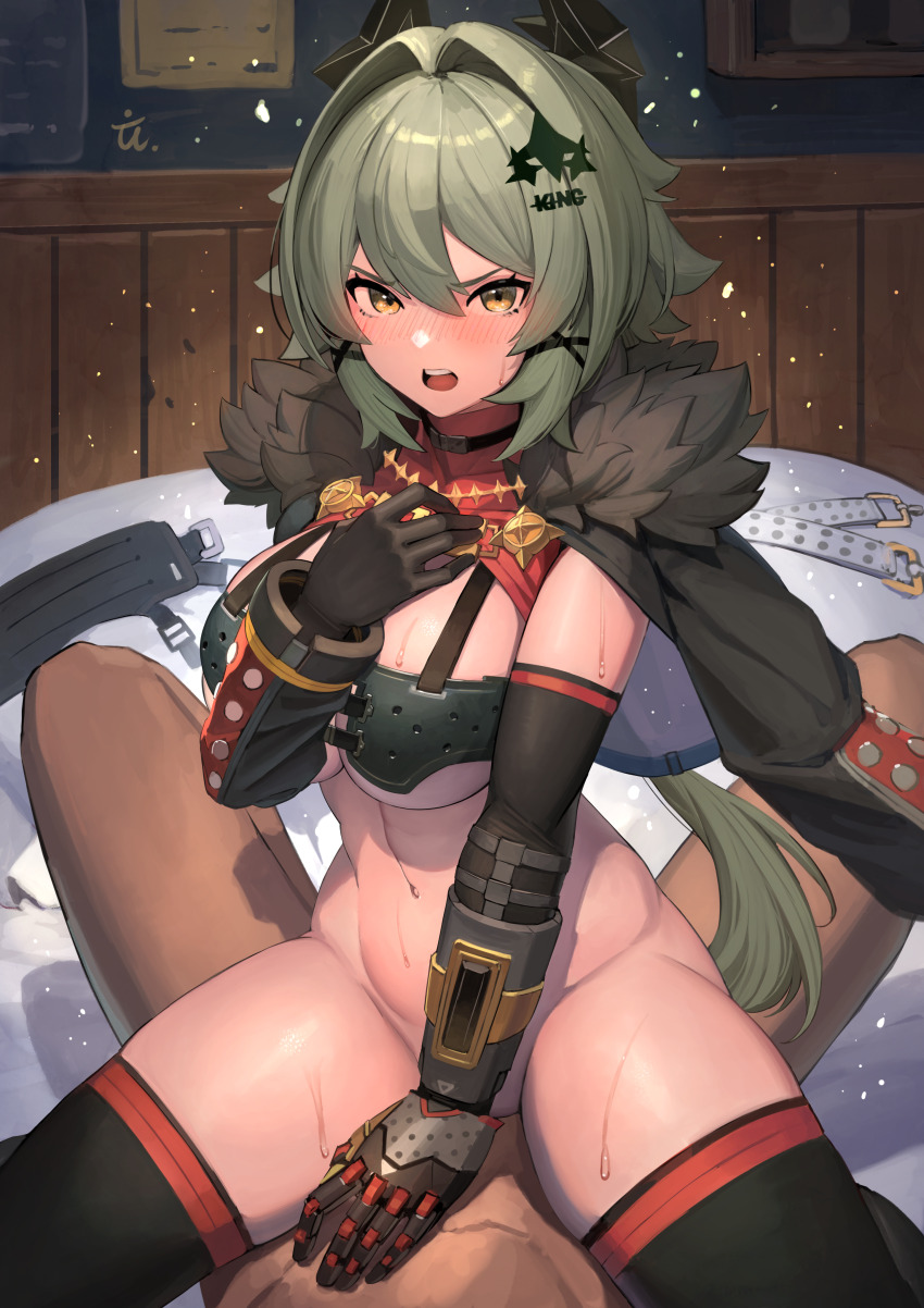 1boy 1girl absurdres black_gloves black_jacket black_thighhighs blush bottomless breasts brown_eyes caesar_king_(zenless_zone_zero) cowboy_shot eguchi_tumoru fur-trimmed_jacket fur_trim girl_on_top gloves green_hair hair_between_eyes highres indoors jacket large_breasts long_hair navel open_mouth out_of_frame sidelocks sitting solo_focus sweat teeth textless_version thighhighs upper_teeth_only v-shaped_eyebrows zenless_zone_zero