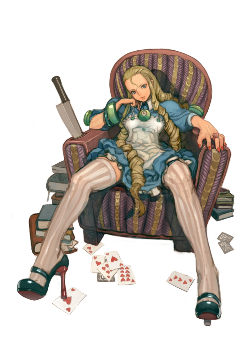 1girl aged_up alice_(alice_in_wonderland) alice&#039;s_adventures_in_wonderland arm_support black_shoes blonde_hair blue_dress blue_eyes book card chair dress drill_hair duplicate female_focus forehead full_body heart_card high_heels highres jewelry knife long_hair nail_polish patterned_legwear patterned_upholstery person_on_card playing_card red_nails ring shoes sitting solo striped_clothes striped_thighhighs thighhighs vertical-striped_clothes vertical-striped_thighhighs weltol