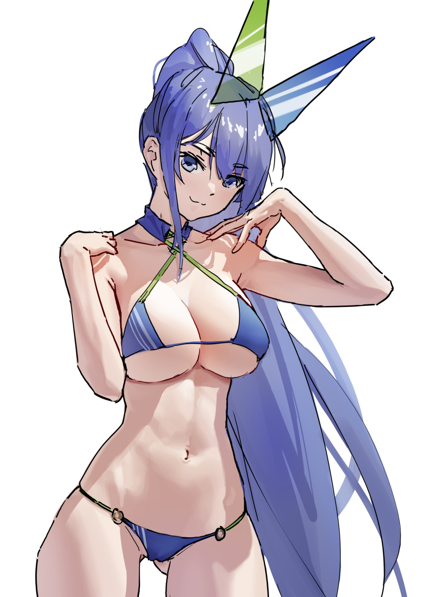 1girl absurdres azur_lane bikini blue_bikini blue_eyes blue_hair breasts cy extreme_dangling highres large_breasts new_jersey_(azur_lane) new_jersey_(midsummer_leisure)_(azur_lane) o-ring o-ring_bikini official_alternate_costume simple_background solo swimsuit thong_bikini white_background