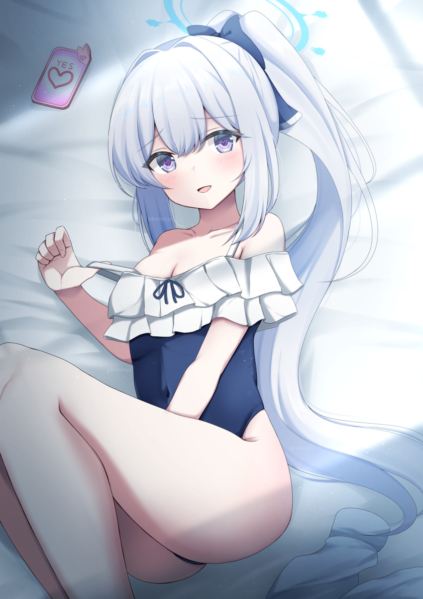 1girl :d absurdres bare_shoulders blue_archive blue_bow blue_eyes blue_halo blue_one-piece_swimsuit blush bow breasts cellphone cleavage collarbone commentary_request covered_navel feet_out_of_frame frilled_one-piece_swimsuit frills from_side hair_between_eyes hair_bow hair_intakes halo hand_up heart heart-shaped_pupils highres hypnosis hypnosis_app kamesys knees_up long_hair looking_at_viewer mind_control miyako_(blue_archive) miyako_(swimsuit)_(blue_archive) off-shoulder_one-piece_swimsuit off_shoulder official_alternate_costume official_alternate_hairstyle one-piece_swimsuit open_mouth paid_reward_available phone ponytail pulling_own_clothes sidelocks small_breasts smartphone smile solo strap_pull swimsuit symbol-shaped_pupils thighs very_long_hair white_hair yes