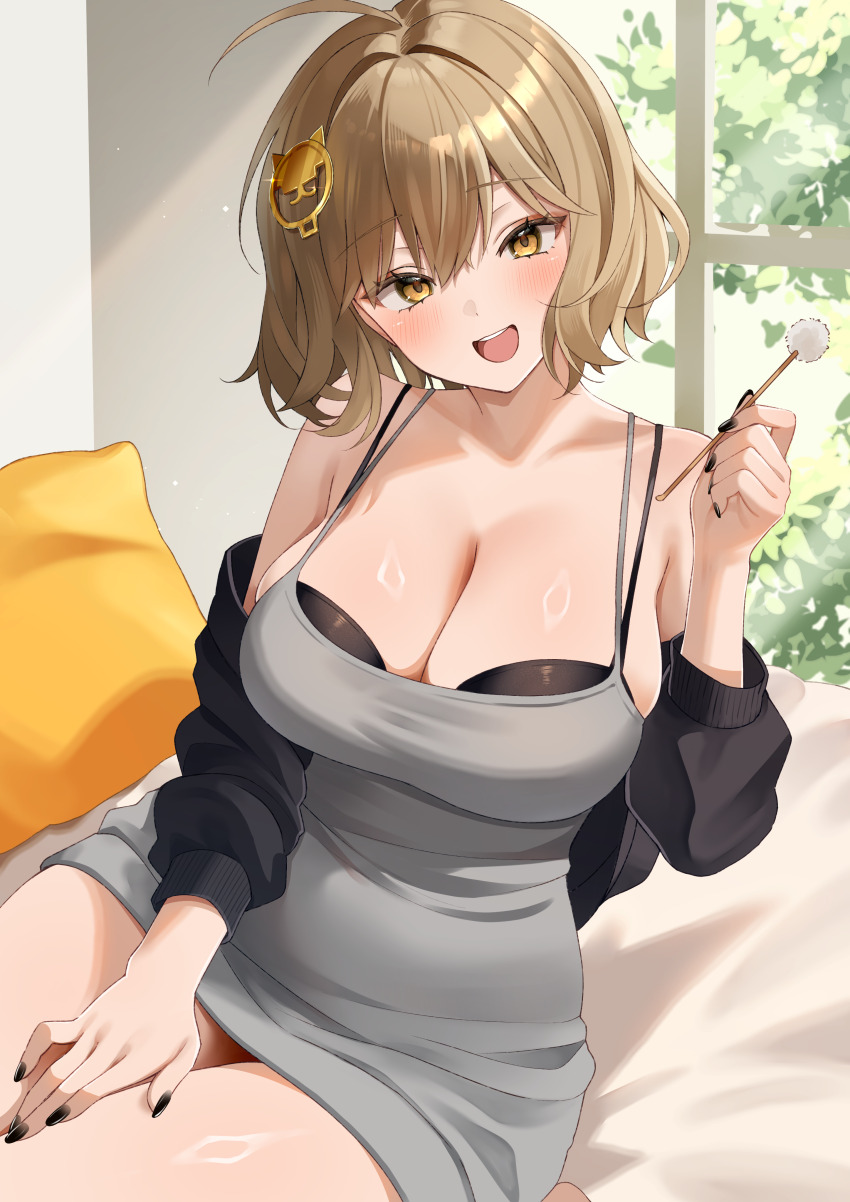 1girl absurdres ahoge alternate_costume anis_(nikke) bare_shoulders black_bra black_jacket black_nails blush bra breasts cat_hair_ornament cleavage collarbone commentary_request dongtan_dress dress ear_cleaning fingernails goddess_of_victory:_nikke grey_dress hair_between_eyes hair_intakes hair_ornament hand_up head_tilt highres indoors jacket large_breasts looking_at_viewer meme_attire mimikaki nail_polish nigi_(ngmnoym) off_shoulder open_clothes open_jacket open_mouth shiny_skin short_hair skindentation smile solo spaghetti_strap thighs underwear