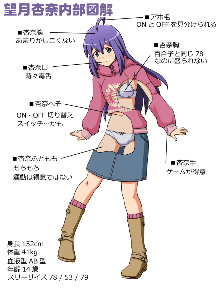 1girl ahoge blue_bra blue_panties blue_skirt boots bow bow_panties bra breasts brown_boots character_profile closed_mouth commentary crotch_seam denim denim_skirt diagram full_body green_eyes highres idolmaster idolmaster_million_live! lielos long_hair long_sleeves looking_at_viewer medium_skirt mochizuki_anna navel panties pointing_out_the_details purple_hair purple_socks purple_sweater reference_sheet simple_background skirt small_breasts smile socks solo standing sweater translated underwear white_background x-ray