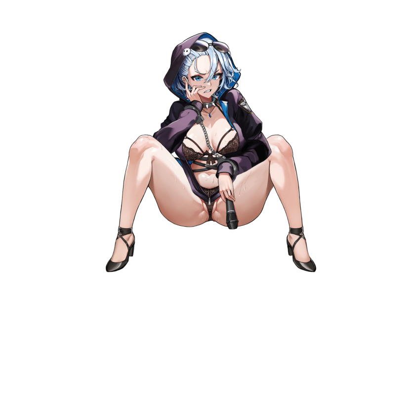 1girl ass bare_legs black_bow black_footwear black_hoodie black_panties blue_eyes blue_gemstone blue_hair bow bow_bra bra breasts breasts_apart chest_strap collar collarbone cuffs ear_piercing eyewear_on_head fang gem hair_between_eyes hand_on_own_face handcuffs high_heels highres holding holding_microphone hood hood_up hoodie jewelry lace lace_bra lace_panties large_breasts last_origin light_blue_hair lingerie looking_at_viewer microphone naked_hoodie navel necklace non-web_source official_alternate_costume official_art open_clothes open_hoodie open_mouth panties partially_visible_vulva piercing police police_uniform scowl short_hair simple_background sitting solo sonia_of_devastation spiked_collar spikes spread_legs strappy_heels sunglasses sweat tachi-e teeth transparent_background u-rix underbust underwear v-shaped_eyebrows