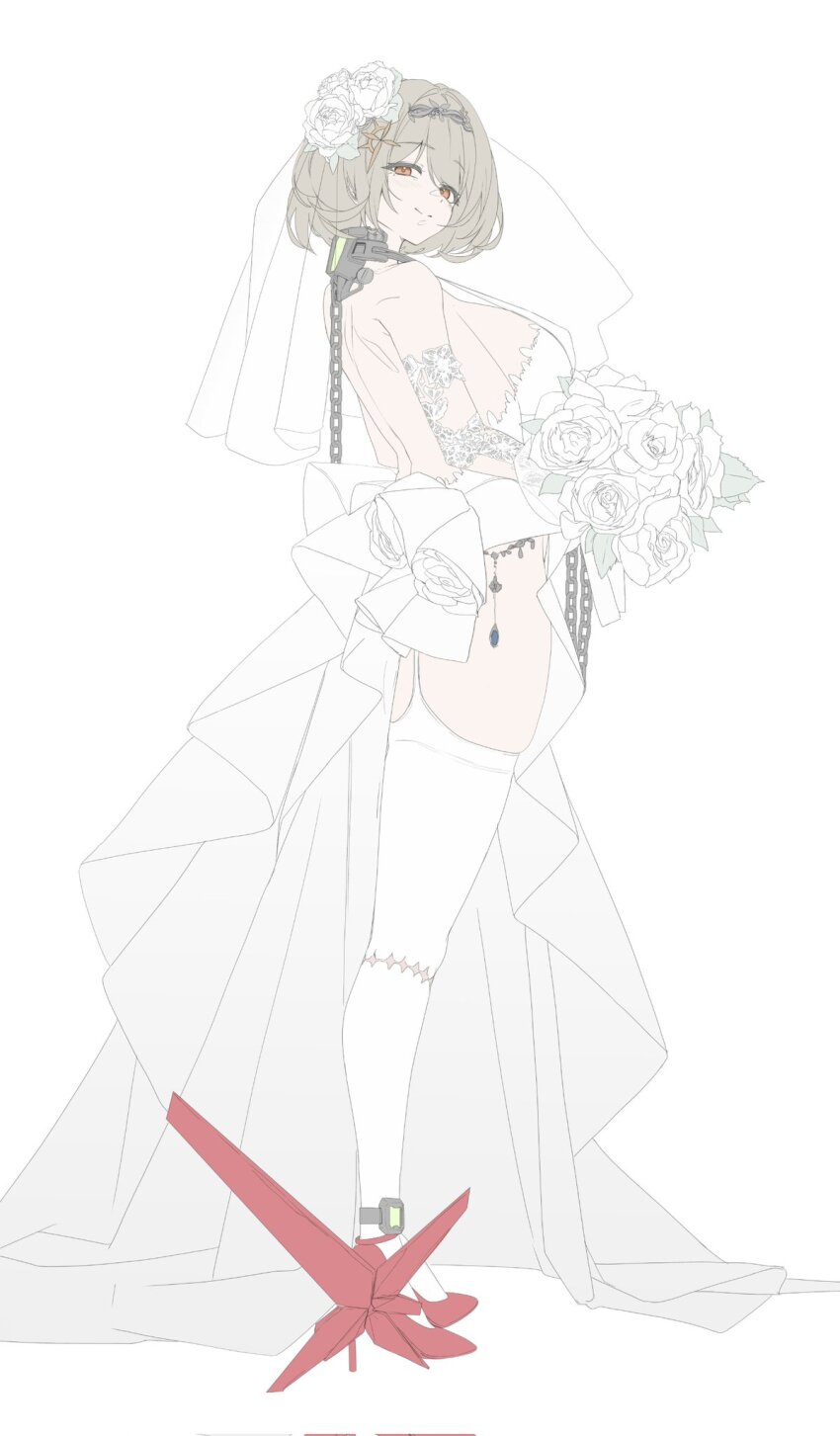1girl alternate_costume backless_dress backless_outfit bouquet brown_hair chain dress flower goddess_of_victory:_nikke hair_flower hair_ornament highres holding holding_bouquet nine_(kanine41) orange_eyes red_shoes_(nikke) simple_background solo wedding_dress white_background white_dress