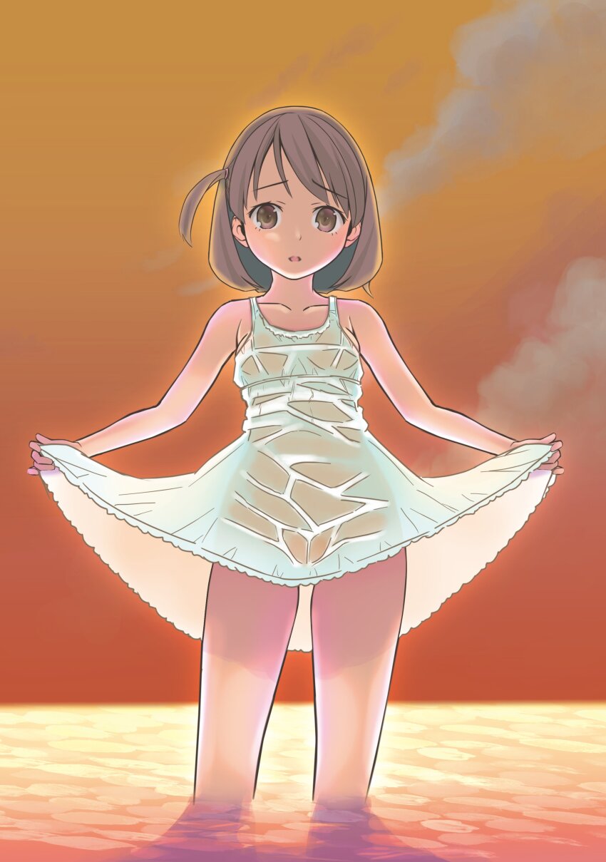 1girl absurdres bare_shoulders blush brown_eyes brown_hair cloud dress highres looking_at_viewer ocean original pop_(electromagneticwave) see-through_clothes sky solo standing sundress sunset twintails water wet wet_clothes white_dress