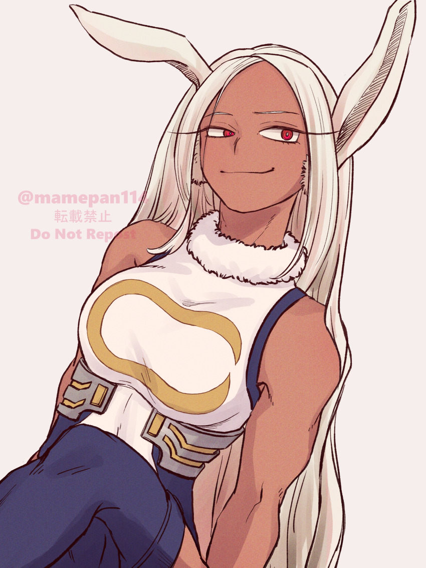 1girl absurdres armpits arms_at_sides artist_name bare_shoulders boku_no_hero_academia breasts collarbone collared_leotard crescent_moon crescent_moon_symbol crossed_legs dark-skinned_female dark_skin female_focus high_collar highres huge_filesize knee_up large_breasts legs leotard long_eyelashes long_hair looking_to_the_side mamepan114 mirko moon neck no_bra parted_bangs rabbit_ears rabbit_girl red_eyes sidelocks simple_background sitting skin_tight sleeveless leotard smirk smug thighhighs thighs tight_clothes toned toned_female white_hair white_leotard