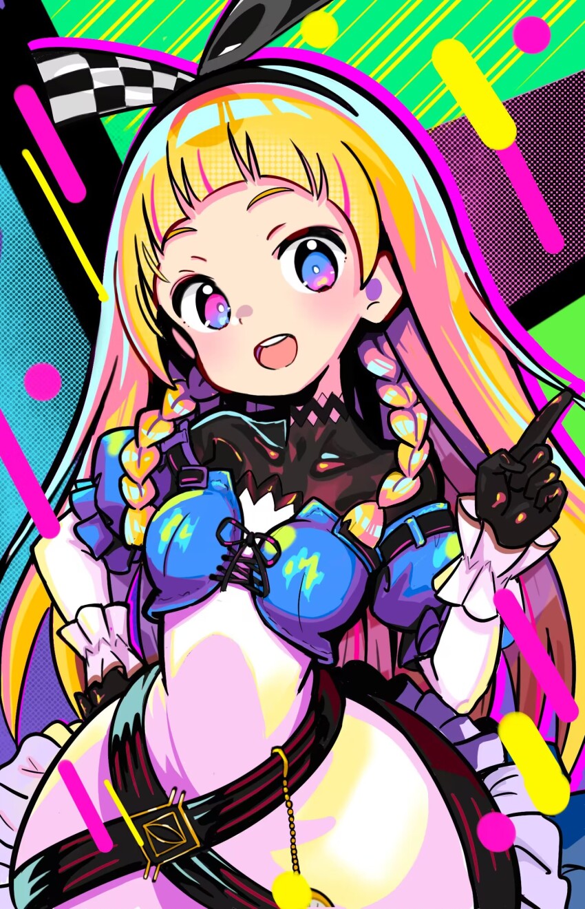 1girl alyce_(dohna_dohna) black_bodysuit blonde_hair blue_eyes bodysuit bodysuit_under_clothes braid breasts dohna_dohna_issho_ni_warui_koto_o_shiyou dress gloves hairband highres long_hair looking_at_viewer multicolored_eyes nangong_(skarndrnjs) open_mouth pink_eyes side_braids small_breasts smile solo two-tone_eyes