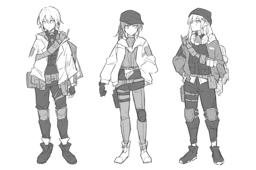 3girls agent_416_(girls&#039;_frontline) agent_vector_(girls&#039;_frontline) baseball_cap closed_mouth commentary_request dima_(girls&#039;_frontline) expressionless genderswap genderswap_(mtf) girls&#039;_frontline gloves greyscale hair_between_eyes hat jacket knee_pads long_hair long_sleeves mask monochrome multiple_girls pantyhose ponytail short_hair sidelocks simple_background sketch skirt tom_clancy&#039;s_the_division white_background xinhao