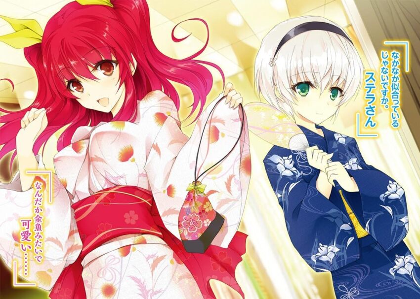 2girls bag black_hairband blue_kimono breasts clenched_hand closed_mouth drawstring drawstring_bag floating_hair green_eyes hair_between_eyes hair_ribbon hairband hand_fan hands_up holding holding_bag holding_fan indoors japanese_clothes kimono kurogane_shizuku large_breasts light_smile long_hair long_sleeves looking_at_viewer multiple_girls novel_illustration obi official_art open_mouth pink_kimono rakudai_kishi_no_cavalry red_eyes red_hair ribbon sash short_hair smile stella_vermillion translation_request two_side_up white_hair wide_sleeves won_(az_hybrid) yellow_ribbon yukata