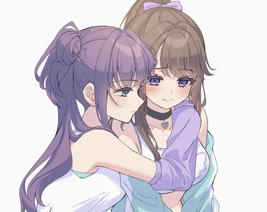 2girls 3: aqua_jacket arms_around_neck black_choker blush breasts brown_hair choker closed_mouth collarbone commentary derivative_work detached_sleeves don_quijote_(store) fujishima_megumi green_eyes hair_bun hair_ribbon heart heart_choker high_ponytail highres hiyori_(20hiyori727) jacket large_breasts like_and_redraw_challenge link!_like!_love_live! long_hair long_sleeves love_live! multiple_girls off_shoulder official_alternate_costume otomune_kozue ponytail purple_eyes purple_hair purple_ribbon purple_sleeves ribbon shirt side_ponytail sidelocks simple_background single_side_bun sleeveless sleeveless_shirt split_mouth sports_bra upper_body virtual_youtuber white_background white_shirt white_sports_bra yuri