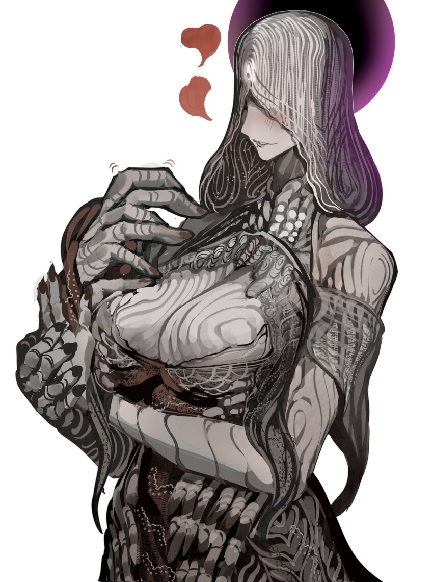 1girl blush bonnet breasts cleavage colored_skin commentary covered_eyes elden_ring elden_ring:_shadow_of_the_erdtree eldritch_abomination english_commentary fingerprint frilled_bonnet frills grey_skin heart highres large_breasts metyr_mother_of_fingers mole mole_under_mouth monster open_mouth simple_background tomatolover16 too_many_fingers veil white_background