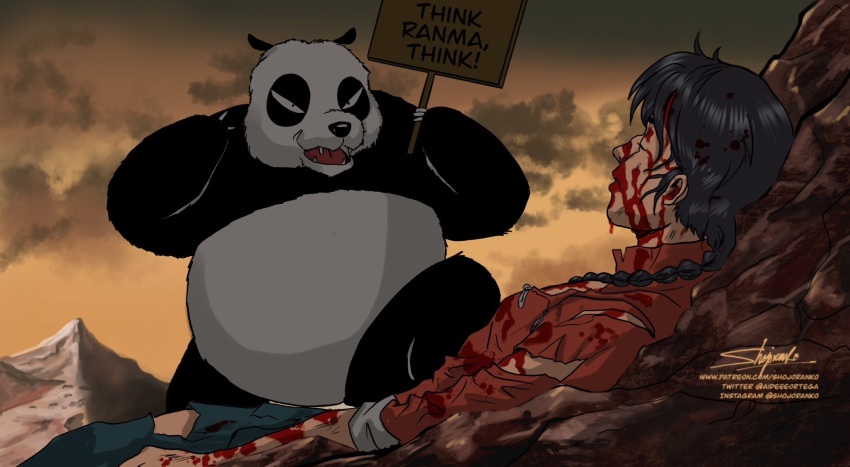 2boys angry black_hair blood braid chinese_clothes closed_eyes defeat english_text fangs father_and_son highres injury invincible_(series) legs long_hair lying meme multiple_boys open_mouth panda pants parody ranma_1/2 saotome_genma saotome_ranma thighs think_mark_think!_(meme) torn_clothes unconscious