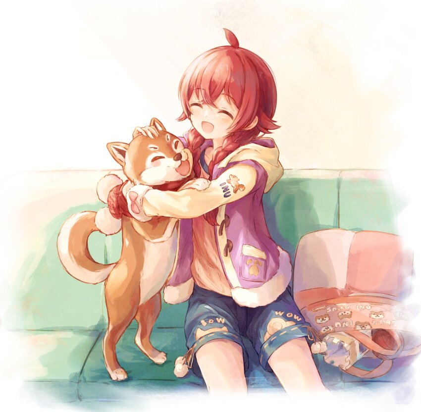 1girl :d ahoge animal animal_hug bag blue_shorts braid couch dog fur-trimmed_jacket fur_trim hageringo happy highres hood hood_down hooded_jacket idolmaster idolmaster_shiny_colors jacket komiya_kaho long_hair low_twin_braids mamemaru_(shiny_colors) on_couch open_mouth pink_jacket red_hair red_scarf ribbed_sweater scarf shorts sitting smile sweater twin_braids yarn yarn_ball yellow_sweater