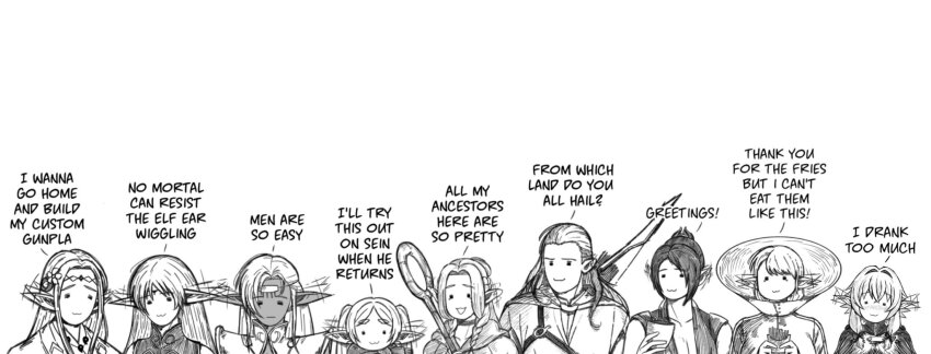 1boy 6+girls :3 =_= ambrosia_(dungeon_meshi) baldur&#039;s_gate baldur&#039;s_gate_3 basedlida bow_(weapon) braid breasts circlet cleavage commentary crossover crown_braid cup dark-skinned_female dark_skin deedlit dungeon_meshi dungeons_&amp;_dragons dungeons_&amp;_dragons ear_wiggle edomae_elf eldali_ilma_fanomenel elf elf-san_wa_yaserarenai. elfuda_(elf-san_wa_yaserarenai.) english_commentary english_text flower food french_fries frieren goblin_slayer! greyscale hair_flower hair_intakes hair_ornament high_elf_archer_(goblin_slayer!) highres holding holding_cup japanese_clothes jewelry large_breasts legolas low_twin_braids magatama magatama_necklace marcille_donato medium_breasts monochrome multiple_crossover multiple_girls necklace open_mouth parody pet_cone pirotess pointy_ears quiver record_of_lodoss_war scarf shadowheart_(baldur&#039;s_gate) shoulder_pads smile sousou_no_frieren species_connection tears the_lord_of_the_rings thick_eyebrows tolkien&#039;s_legendarium twin_braids weapon