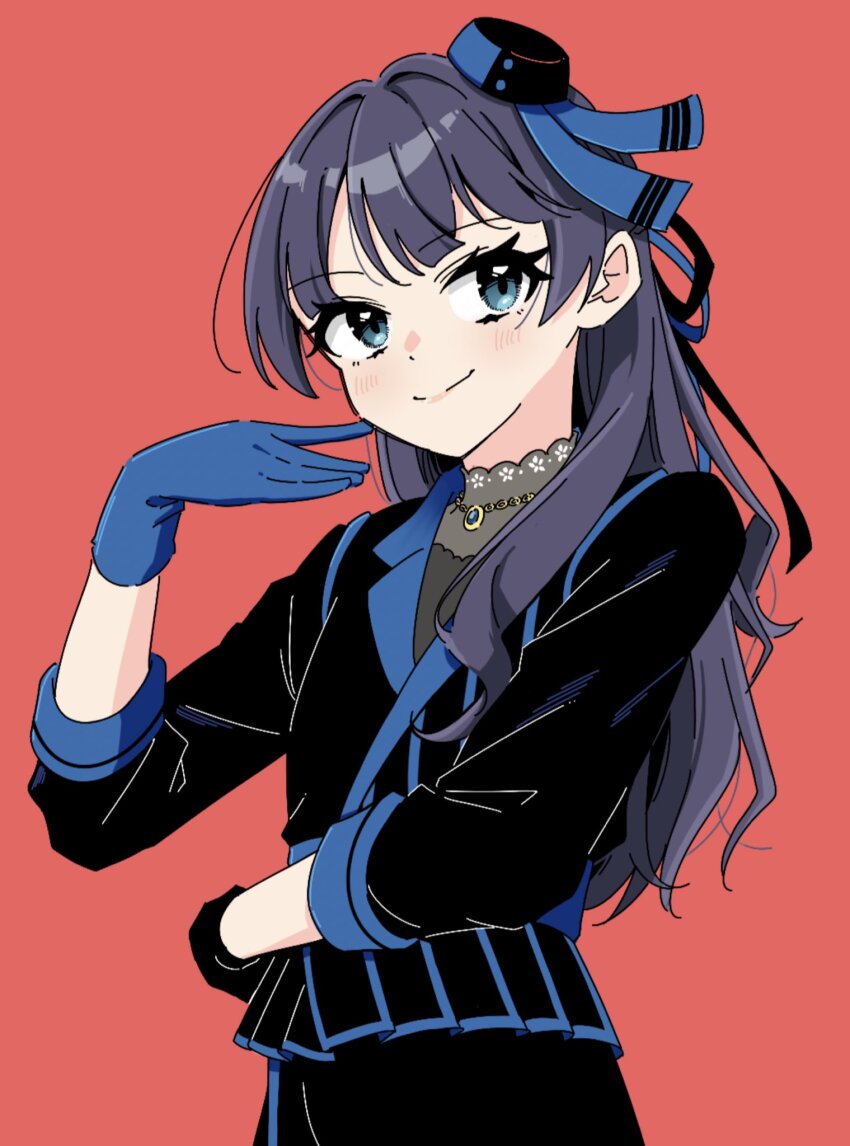 1girl asymmetrical_gloves awoke_(love_live!) black_gloves black_hat black_jacket black_ribbon black_skirt blue_eyes blue_gloves blue_hair blue_hat blue_jacket blue_ribbon blush closed_mouth commentary_request cowboy_shot gloves hair_ribbon half_updo hat highres jacket link!_like!_love_live! llkapital long_hair love_live! mismatched_gloves murano_sayaka official_alternate_costume red_background ribbon self-borrowed_hairstyle simple_background skirt smile solo striped_clothes striped_jacket three-quarter_sleeves vertical-striped_clothes vertical-striped_jacket virtual_youtuber