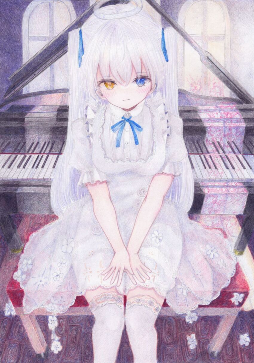 1girl apron blue_ribbon blush breasts closed_mouth colored_pencil_(medium) commentary darkkanan deaf disability dress eyes_visible_through_hair frilled_apron frills grand_piano hair_between_eyes halo hearing_aid heterochromia highres indoors instrument long_hair looking_at_viewer medium_breasts original painting_(medium) piano pinafore_dress ribbon see-through_clothes sitting sleeveless sleeveless_dress solo thighhighs traditional_media watercolor_(medium) white_hair