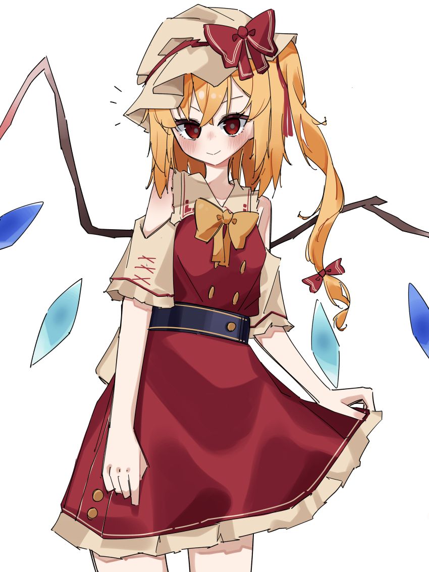 1girl absurdres ascot blonde_hair bow closed_mouth cowboy_shot crystal crystal_wings flandre_scarlet hat highres looking_at_viewer miraruuts1231 mob_cap puffy_short_sleeves puffy_sleeves red_eyes red_vest shirt short_sleeves side_ponytail simple_background skirt smile solo standing touhou vest white_background wings yellow_bow