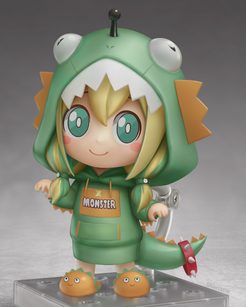 1girl absurdres amano_pikamee animal_hair_ornament artist_name blonde_hair blush_stickers bright_pupils claw_pose commentary dinosaur_costume dinosaur_hood dinosaur_tail english_commentary figure_stand green_eyes green_hair green_hoodie grey_background hands_up highres hood hoodie looking_at_viewer low_twintails multicolored_hair nendoroid official_alternate_costume shiori2525 simple_background slippers smile solo streaked_hair tail twintails two-tone_hair virtual_youtuber voms white_pupils