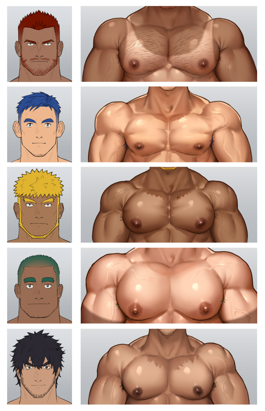 5boys absurdres armpit_hair armpit_hair_peek bara beard beard_stubble black_hair blonde_hair blue_hair buzz_cut chart chest_hair commentary_request dark-skinned_male dark_skin facial_hair gorou_naoki green_hair grey_background highres large_pectorals looking_at_viewer male_focus mature_male multiple_boys muscular muscular_male mustache_stubble nipples original paid_reward_available pectoral_focus pectorals portrait puffy_chest red_hair short_hair stubble tan tanline thick_eyebrows undercut veins veiny_arms very_short_hair