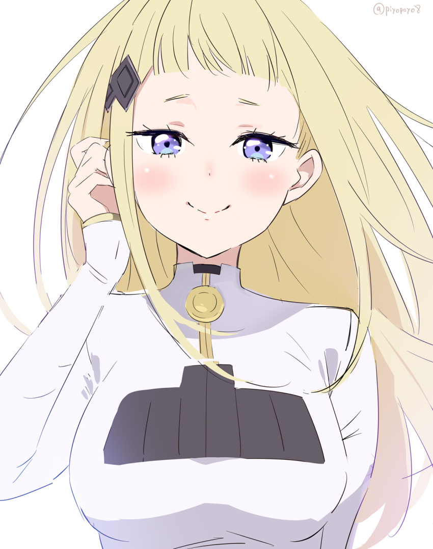 1girl blonde_hair breasts closed_mouth eyelashes hair_ornament highres long_hair piyopoyo purple_eyes re:zero_kara_hajimeru_isekai_seikatsu shirt sleeves_past_wrists smile solo sylphy_(re:zero) twitter_username upper_body white_shirt