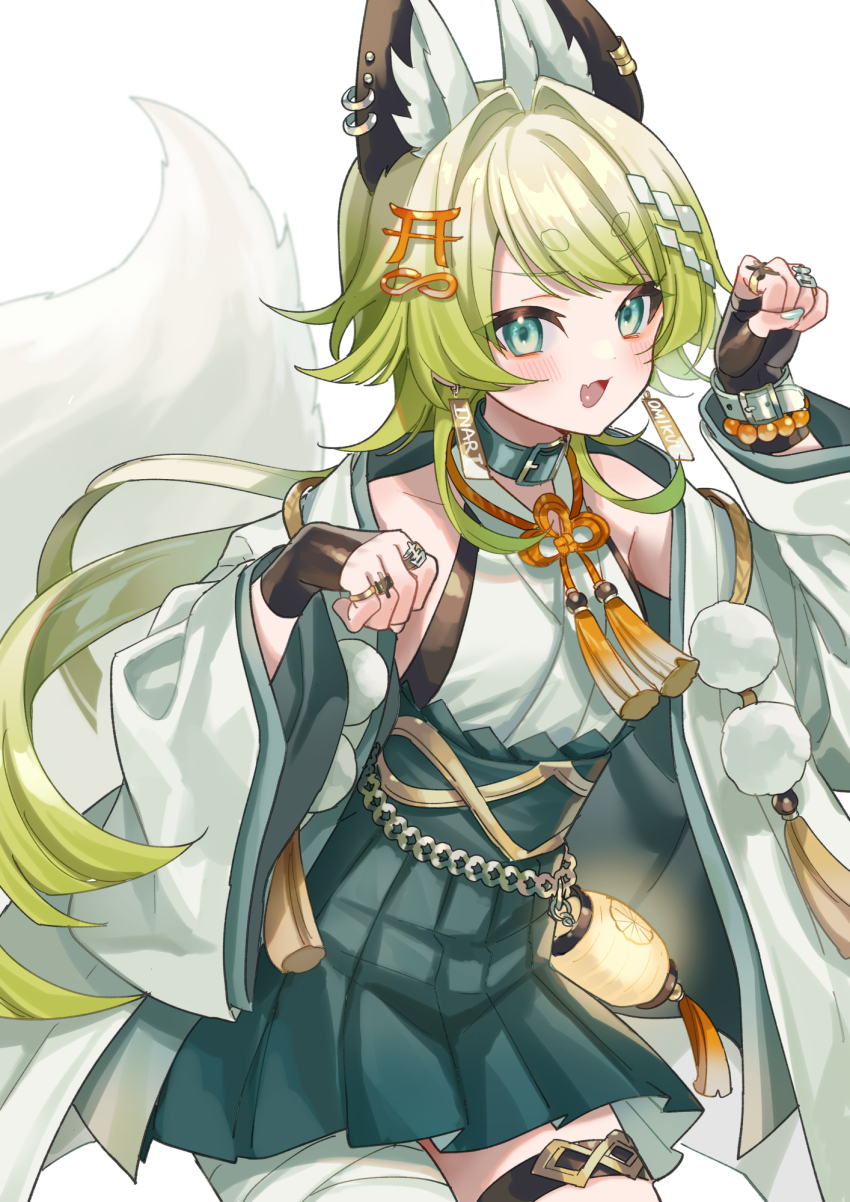 1girl :d animal_ear_piercing animal_ears bandaged_leg bandages bare_shoulders black_gloves blush commentary_request cowboy_shot fang fingerless_gloves fox_ears fox_girl fox_tail gloves green_hair green_hakama hakama hakama_short_skirt hakama_skirt hands_up highres japanese_clothes kimono long_hair long_sleeves looking_at_viewer miko open_mouth original paw_pose piercing simple_background skin_fang skirt smile solo suzaku_(zaku6584) tail thigh_strap torii_hair_ornament white_background white_kimono wide_sleeves