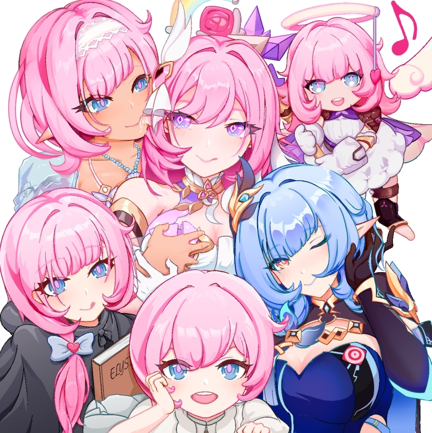 6+girls ;) aged_down angel_wings biting biting_ear black_boots black_cloak black_gloves blue_corset blue_eyes blue_hair book boots breasts chinese_commentary cleavage cloak commentary_request corset diamond-shaped_pupils diamond_(shape) dress elbow_gloves elf elf_elysia elysia_(herrscher_of_human:_ego)_(honkai_impact) elysia_(honkai_impact) elysia_(miss_pink_elf)_(honkai_impact) elysia_(summer_miss_elf)_(honkai_impact) eye_print gloves grabbing_another&#039;s_breast groping hai_ya_shiraha hair_ornament hairband halo herrscher_of_corruption highres holding holding_book holding_staff honkai_(series) honkai_impact_3rd jewelry large_breasts licking_lips long_hair multiple_girls multiple_persona musical_note necklace one_eye_closed open_mouth orange_eyes pointy_ears purple_eyes selfcest shell shell_necklace short_hair simple_background smile staff symbol-shaped_pupils tan tongue tongue_out triquetra white_background white_dress white_gloves white_hairband wings yuri
