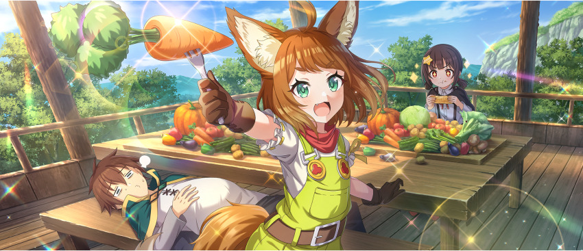 +_+ 1boy 2girls :t ahoge animal_ear_fluff animal_ears bandana bandana_around_neck bell_pepper belt belt_buckle bench black_cloak black_pants blue_sky brown_belt brown_gloves brown_hair buckle cape carrot child cloak collared_shirt corn day eating fang food food_on_face fork full_stomach game_cg gloves green_cape green_eyes green_overalls hair_ornament hair_tie hairpin hand_on_own_stomach highres hill holding holding_fork komekko kono_subarashii_sekai_ni_shukufuku_wo! konosuba!_fantastic_days lettuce light_blush looking_at_viewer lying medium_hair miia_(konosuba) multiple_girls official_art on_back open_mouth outstretched_arm overalls pants potato puff_of_air pumpkin railing red_bandana red_eyes satou_kazuma shirt short_hair short_sleeves short_twintails sidelocks sitting sky smile sparkle standing star_(symbol) star_hair_ornament sunlight suspenders swept_bangs table tail tomato tree twintails vegetable white_shirt wooden_bench wooden_floor wooden_railing wooden_table