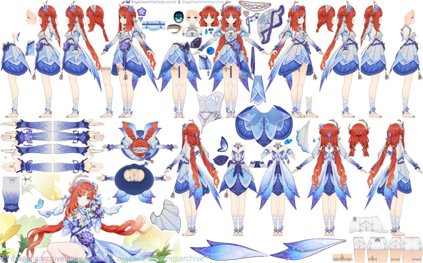 barefoot barefoot_sandals_(jewelry) blue_dress blue_eyes dress dress_flower flower genshin_impact hair_ornament nilou_(breeze_of_sabaa)_(genshin_impact) nilou_(genshin_impact) red_hair reference_sheet vision_(genshin_impact)