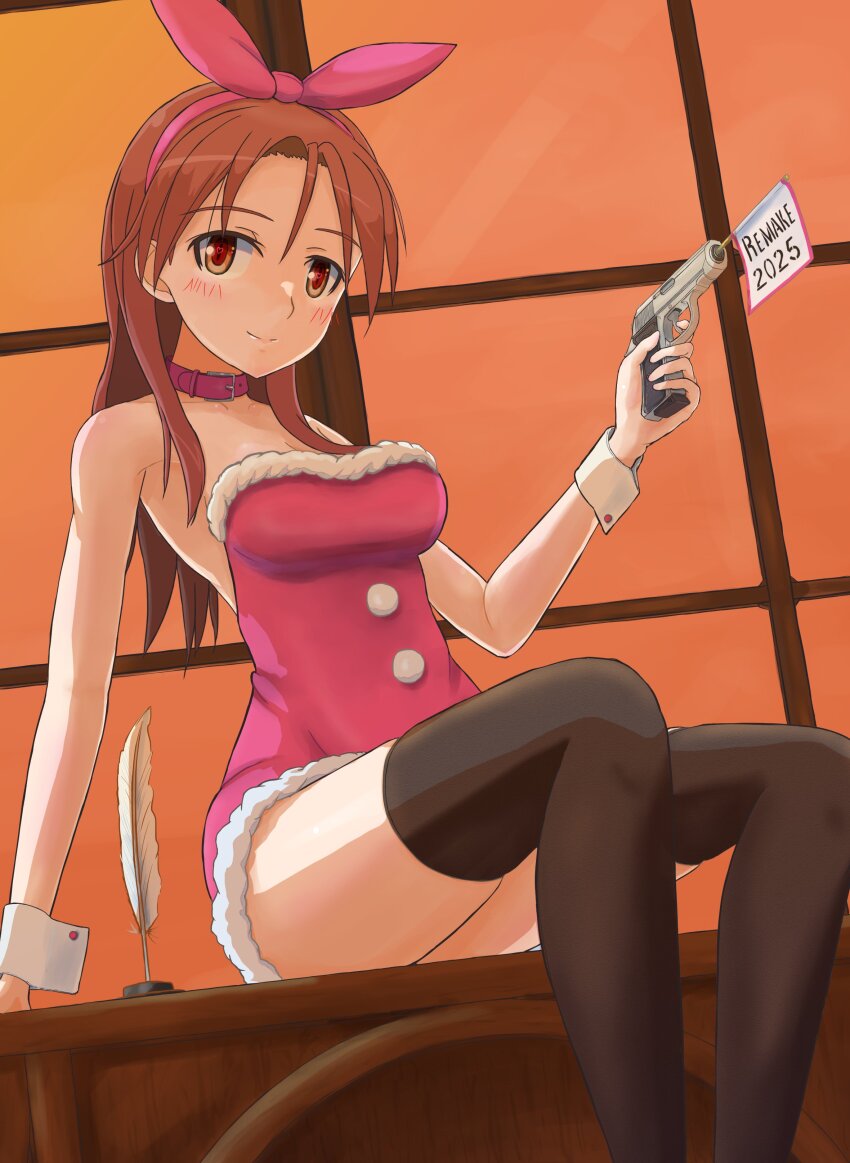1girl absurdres alternate_costume collar feathers gun hairband highres holding holding_gun holding_weapon keicha_(kmoekaki) leotard looking_at_viewer minna-dietlinde_wilcke outdoors pantyhose red_eyes red_hair sitting smile solo strike_witches table weapon window world_witches_series