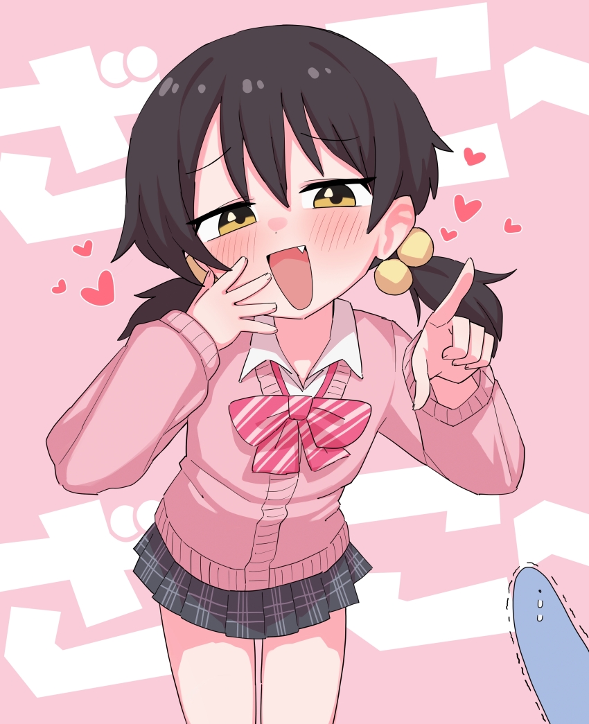 1girl absurdres black_hair blush bow bowtie cardigan collared_shirt cowboy_shot fang fish grey_skirt highres kaai_yuki lakilolom leaning_forward looking_at_viewer low_twintails open_mouth pink_background pink_cardigan plaid_clothes plaid_skirt pleated_skirt pointing pointing_at_viewer raised_eyebrows school_uniform shirt short_hair short_twintails skirt smile solo standing striped_bow striped_bowtie striped_clothes tears trembling twintails vocaloid white_shirt yellow_eyes zako_(vocaloid)